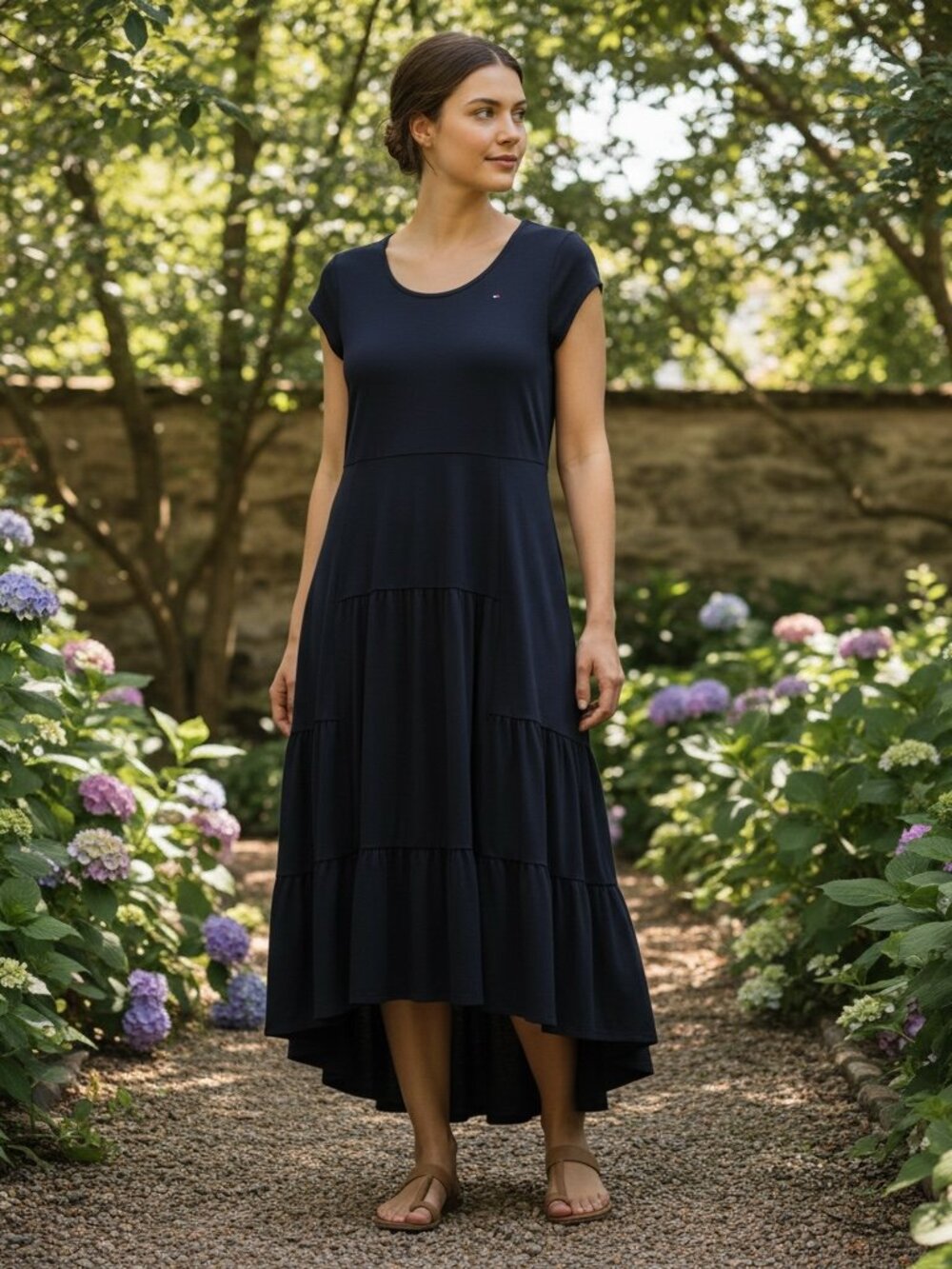 Tommy Hilfiger Navy Tiered High Low Cap Sleeve Dress Large